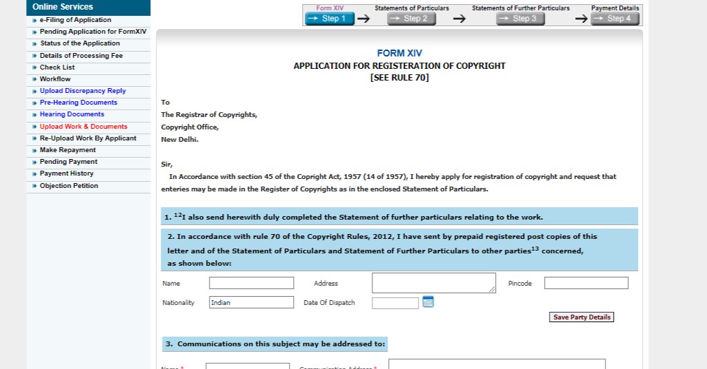 Copyright Official Website - Form XIV - Copyright Registration form