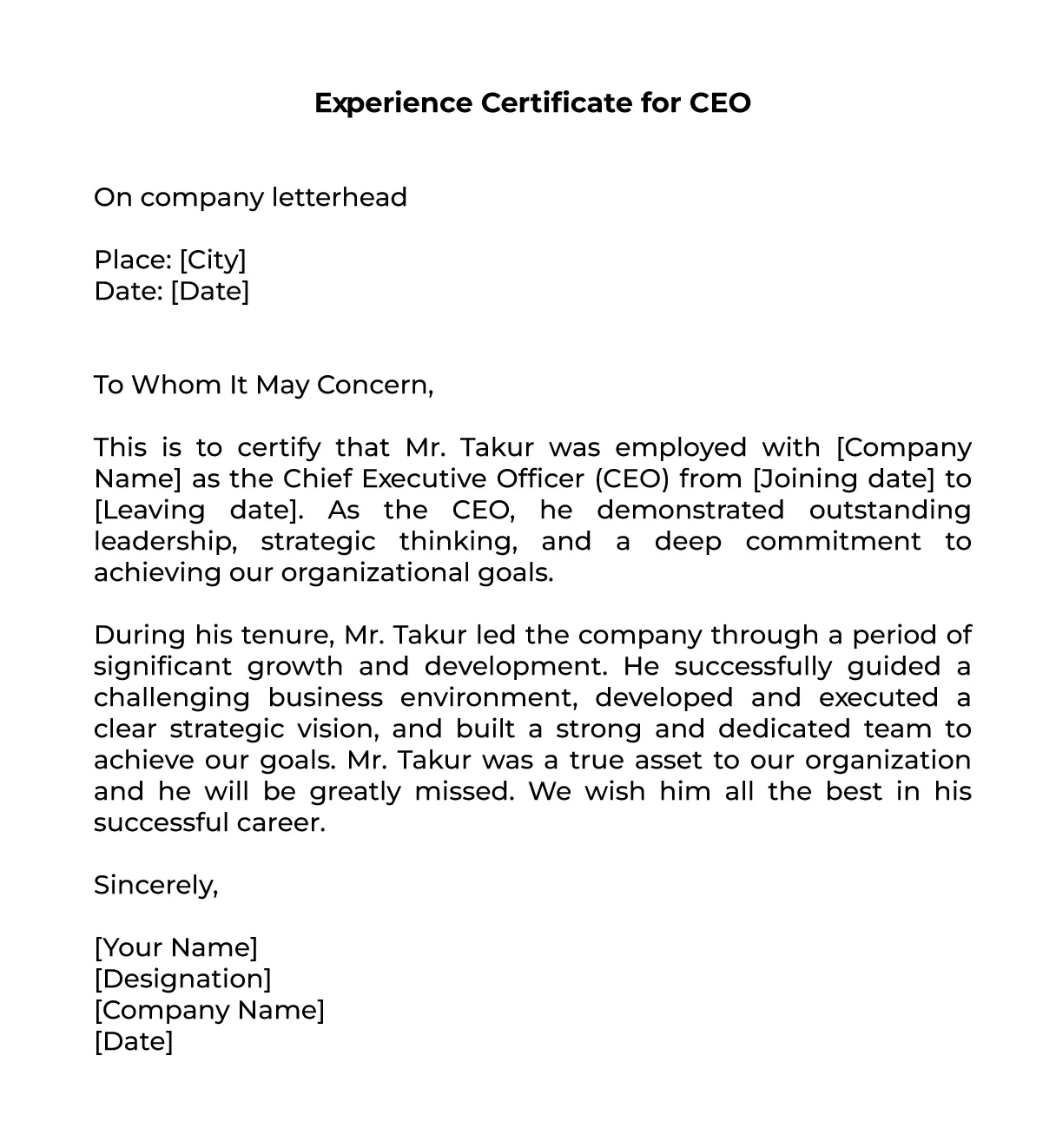 Experience Letter for CEO 