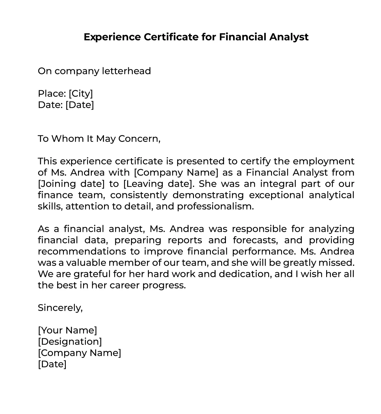 Experience Letter Format for Financial Analyst 