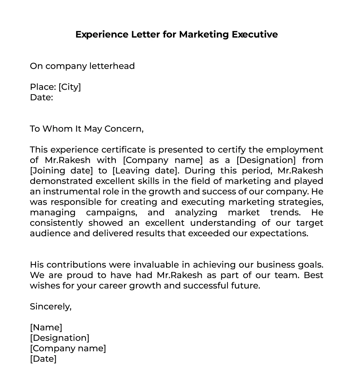 Experience Letter for Marketing Executive