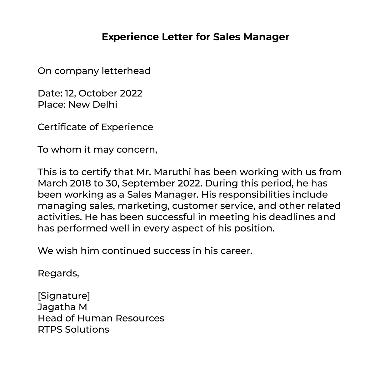 Experience Letter Format for Sales Manager 
