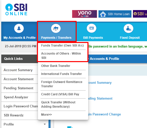 sbi payments or transfers