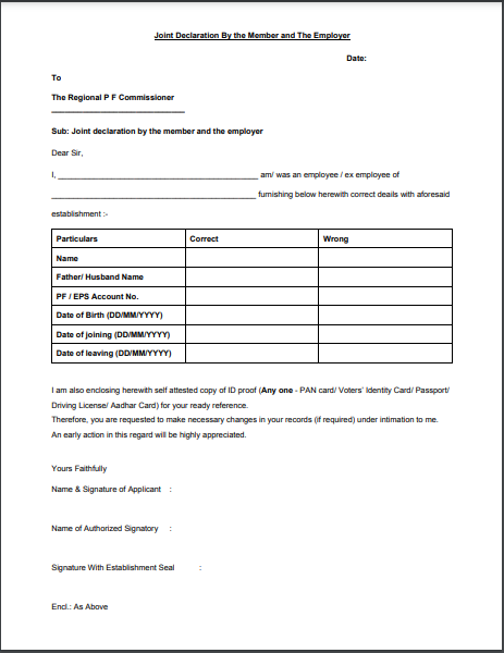 EPF Joint Declaration Form Format, and Sample Download